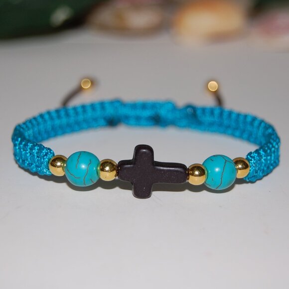 Cross Bracelet,Gemstone Beads,Braided Bracelet,Blue Bracelet - Picture 2 of 3